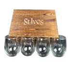 Wooden Box with 4 Piece Glass Set