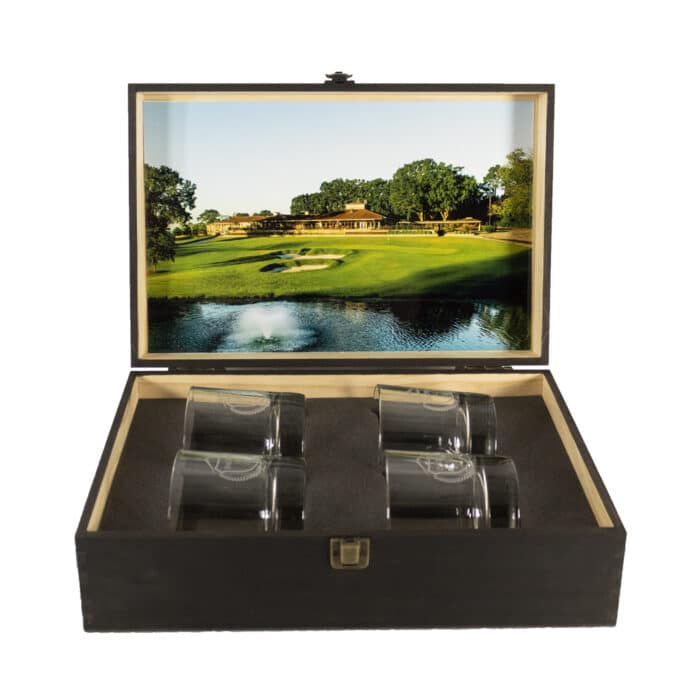 Wooden Box with 4 Piece Glass Set